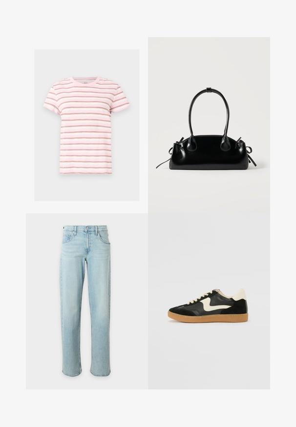 T-shirt à manches courtes rose et blanche avec de fines rayures horizontales marron, encolure ronde et coupe décontractée.; Jean bleu clair à jambes droites avec poches avant et ceinture boutonnée sur fond blanc uni.; Baskets en daim et cuir noir avec un swoosh latéral crème et un talon crème clair. Dotées de lacets beige et d'une semelle en caoutchouc gomme.; Petit sac à main noir brillant avec deux longues anses et des détails à cordon sur les côtés sur un fond clair uni.