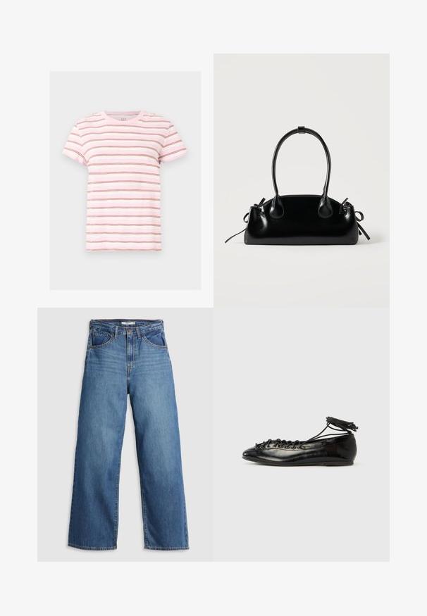 Lyserød og hvid T-shirt med korte ærmer og tynde horisontale brune striber, rund hals og afslappet pasform.; Blå denim brede jeans med høj talje, der har fem lommer, kontrastsyning og lynlås.; Sorte balletflade sko i laklæder med rundet tå, snørelukning og flad sål. Glat tekstur med få detaljer.; Lille sort blank håndtaske med to lange håndtag og snøre-detaljer i siden på en ensfarvet lys baggrund.