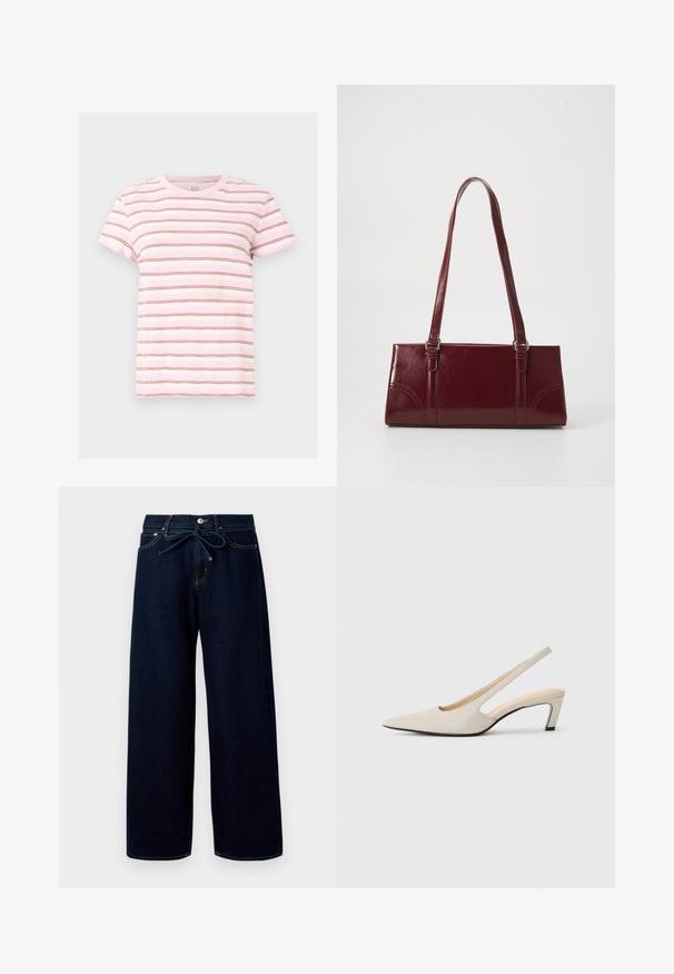 T-shirt à manches courtes rose et blanche avec de fines rayures horizontales marron, encolure ronde et coupe décontractée.; Jean large bleu foncé en denim, doté d'une fermeture à bouton à l'avant et d'une taille à cordon, avec des détails de couture contrastants.; Escarpins beige à bride arrière avec un bout pointu, côtés ouverts et petit talon bloc. Texture en cuir lisse et design minimaliste.; Sac à main bordeaux en matériau brillant, de forme rectangulaire, avec deux anses et des accents légèrement courbés à l'avant.