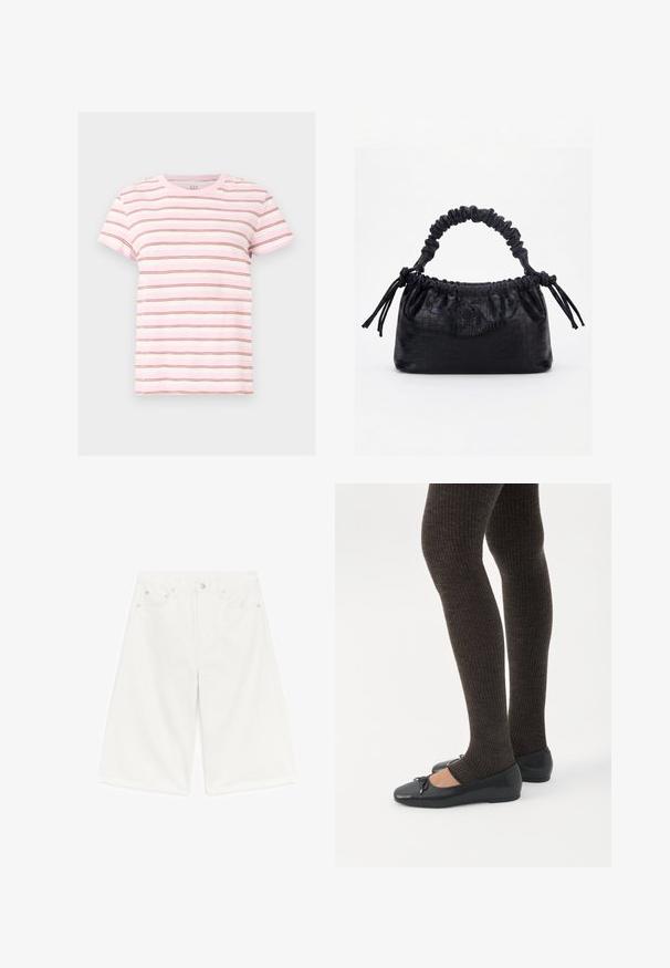 T-shirt à manches courtes rose et blanche avec de fines rayures horizontales marron, encolure ronde et coupe décontractée.; Short en denim blanc longueur genou avec poches avant, passants de ceinture et fermeture à bouton sur fond blanc.; Jambes portant des leggings côtelés foncés associés à des ballerines noires avec de petits détails en nœud sur fond blanc.; Sac à main noir avec texture crocodile, bord supérieur froncé, poignée plissée et pompons à cordon de chaque côté sur fond blanc.
