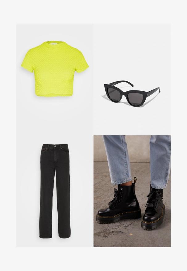 Even&Odd by Zalando T-shirt print - green; Zwarte rechte jeans met vijf zakken, een knoop aan de voorkant en riemlussen, weergegeven tegen een witte achtergrond.; Persoon draagt lichtblauwe spijkerbroek en zwarte leren veterplatformlaarzen met gele stiksels op een betonnen vloer.; Zwarte cat-eye zonnebril met een matte afwerking, voorzien van grijs getinte glazen, scherpe hoeken en slanke zijarmen. Merkennaam zichtbaar op de binnenarm.
