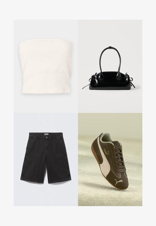 Hvid ribbet stropløs cropped top med et tekstureret vertikalt stribemønster, vist mod en lysegrå baggrund.; Sorte knælange shorts med store frontlommer med lap, lukning med metalknap, bæltestropper og sidelommer, lagt fladt på en lys baggrund.; Brune Puma sneakers med beige stribe og logo, snøret, hvilende på en struktureret beige overflade.; Lille sort blank håndtaske med to lange håndtag og snøre-detaljer i siden på en ensfarvet lys baggrund.