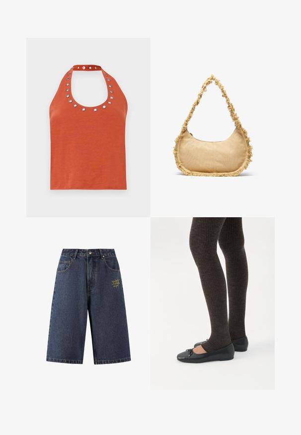 Top halter de color óxido con un escote redondeado, que presenta ojales plateados alrededor del cuello. Textura suave y diseño ajustado.; Shorts de mezclilla en azul oscuro, con un corte holgado, cinco bolsillos, texto bordado en dorado en la parte frontal y costuras en contraste a lo largo de las costuras.; Piernas con leggings oscuros acanalados combinados con bailarinas negras que presentan pequeños detalles de lazo sobre un fondo blanco.; Bolso beige texturizado con forma redondeada, con un borde deshilachado a lo largo de los lados y una correa corta para llevar. Apertura con cremallera en la parte superior.