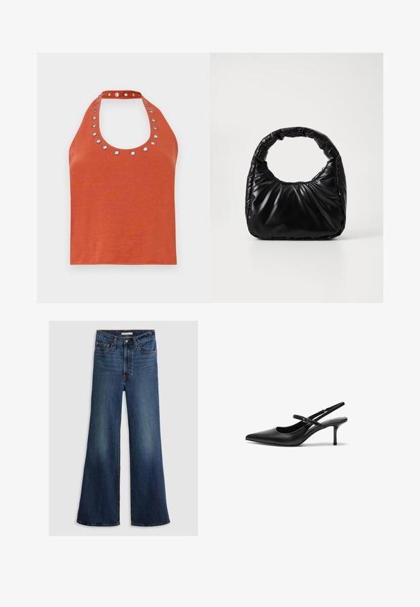 Rustfarvet halterneck-top med en rund halsudskæring, prydet med sølvfarvede øjer omkring kraven. Blød tekstur og tætsiddende design.; Bredde ben jeans i mørkeblå denim med høj talje, fem-lomme design og kontrasterende syninger langs sømmene og taljebåndet.; Sorte læder slingback hæle med spids tå, slank justerbar rem og en stiletto hæl på cirka 5 cm, glat tekstur.; Sort polstret håndtaske med et rundt håndtag, der har en glat, skinnende overflade og en blød, kviltet tekstur. Ingen synlige hardware eller accenter.