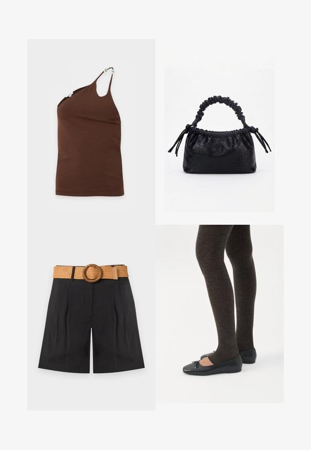 Débardeur marron asymétrique sans manches avec des bretelles fines, une bretelle ornée de trois petites perles en accents décoratifs.; Short noir taille haute avec plis à l'avant et une large ceinture tissée de couleur fauve avec une grande boucle ronde en bois.; Jambes portant des leggings côtelés foncés associés à des ballerines noires avec de petits détails en nœud sur fond blanc.; Sac à main noir avec texture crocodile, bord supérieur froncé, poignée plissée et pompons à cordon de chaque côté sur fond blanc.