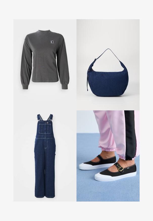 Langærmet grå t-shirt lavet af bomuld, med rund halsudskæring og elastiske manchetter, samt et lille firkantet logo på brystet.; Denim overalls i mørkeblå, med justerbare stropper, brystlomme, sidelommer og en løs, bred benpasform. Klassiske syninger.; Sorte lærredssko med en hvid sål, der har et udskæringsdesign og et guldspænde. Bæret med lyserøde træningsbukser.; Blå denim skuldertaske med en buet form, justerbar rem, lynlåslukning og en subtil tekstur. Har et minimalistisk design uden synligt hardware.