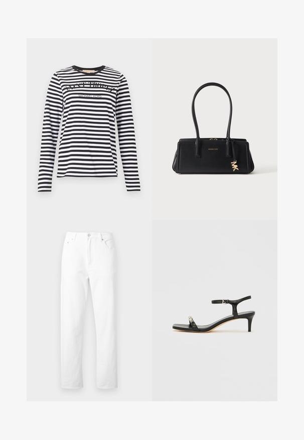 Chemise à manches longues à rayures horizontales noires et blanches avec les inscriptions "SAINT TROPEZ" et "MICHAEL KORS" sur le devant, col rond.; Jean denim blanc à jambes droites avec poches avant, passants pour ceinture et fermeture par bouton, présenté sur un fond blanc uni.; Sandale noire en cuir à talon avec bride à la cheville, bout ouvert, devant carré et accent en métal argenté. Design ajusté avec un profil élégant.; Sac à main rectangulaire en cuir noir avec double poignée, logo Michael Kors doré et breloque MK suspendue sur un fond clair uni.