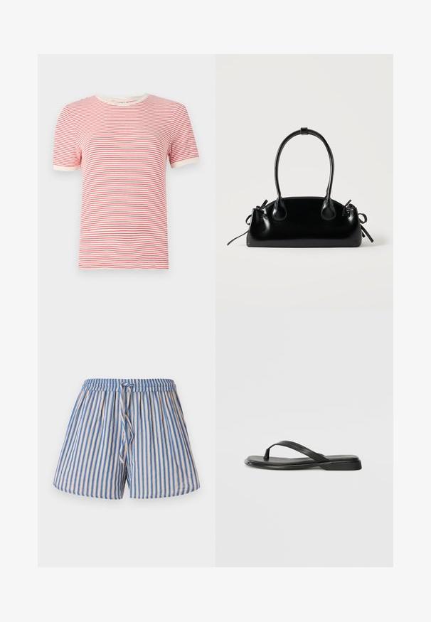 T-shirt rayé rouge et blanc, à manches courtes, col rond, en mélange de coton, léger, avec des bords en côtes contrastants.; Shorts rayés en beige et bleu, dotés d'une taille élastique et d'un cordon ajustable, fabriqués en tissu léger.; Tongs noires en cuir lisse, avec un design de sangle fine et une semelle plate à profil minimal. Aucun motif ou accent notables.; Petit sac à main noir brillant avec deux longues anses et des détails à cordon sur les côtés sur un fond clair uni.