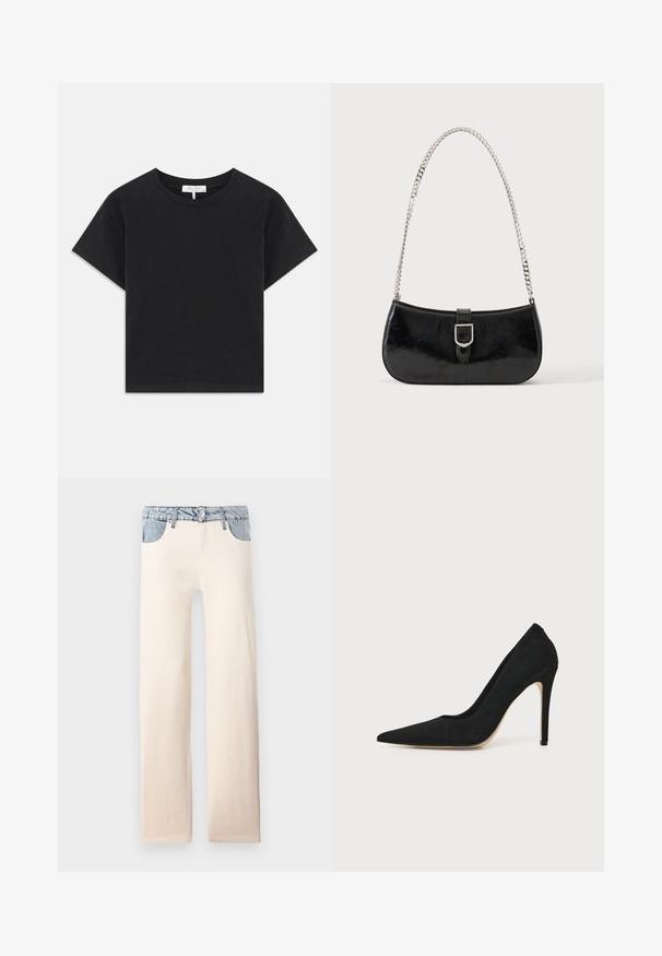 Zwarte cropped t-shirt van katoen, met een ronde halslijn, korte mouwen en een eenvoudig ontwerp zonder patronen of versieringen.; Lichtbeige rechte jeans met een lichtblauwe denim tailleband en zakdetails, gemaakt van katoen met een gladde textuur.; Zwarte hoge hakken stiletto pump met spitse neus en een gladde structuur, zijaanzicht op een effen lichte achtergrond.; Zwarte lakleren schoudertas met een zilveren gespdetail en een zilveren kettingriem, getoond tegen een effen lichte achtergrond.