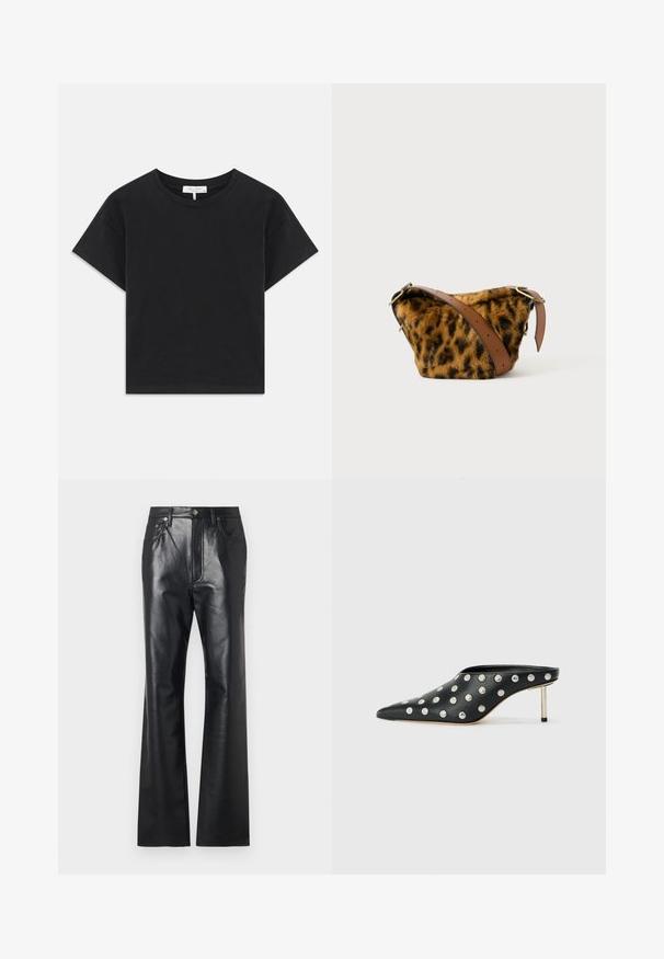 Camiseta negra corta de algodón, con escote redondo, mangas cortas y un diseño simple sin patrones ni adornos.; Pantalones de cuero negro con una textura suave, diseño de pierna acampanada, cremallera frontal y pasadores para cinturón. Presentan sutiles detalles en la costura.; STAND STUDIO KELSEY - Mules de tacón - black; Bolsa de pelaje sintético con estampado de leopardo y una correa de cuero marrón, que presenta una forma redondeada y detalles en dorado.