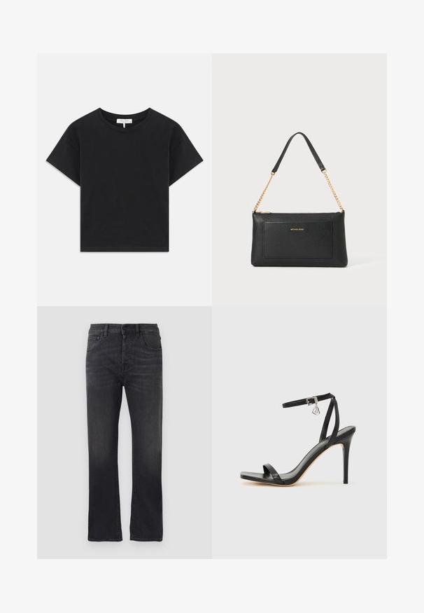 Sort cropped t-shirt lavet af bomuld, med rund halsudskæring, korte ærmer og et enkelt design uden mønstre eller pynt.; Sorte denimjeans med lige ben, der har et klassisk fem-lomme design, knaplukning og subtilt slid på stoffet.; Sort hæl-sandal med smal ankrem, firkantet tå-boks, glat lædermateriale og metalspænde som pynt.; Sort læder clutch med pebble-tekstur, guld kædestrop og en frontlomme. Har et guld logo på forsiden.