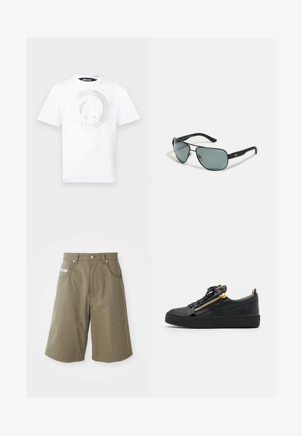 Weißes T-Shirt mit kurzen Ärmeln und rundem Ausschnitt, mit einem glänzenden, geprägten, runden Logo und dem Schriftzug "Just Cavalli" auf der Vorderseite.; MOSCHINO TAPE - Shorts - green; Schwarze Leder-Sneaker mit einer strukturierten schwarzen Gummisohle, versehen mit einem goldenen Reißverschlussdetail und schwarzen Schnürsenkeln. Minimalistisches Design, niedrige Schnittform.; Schwarze Metallsonnenbrille mit grauen Gläsern, gebogenem Design, verstellbaren Nasenpads und Logo an der Seite der dunklen Bügel.