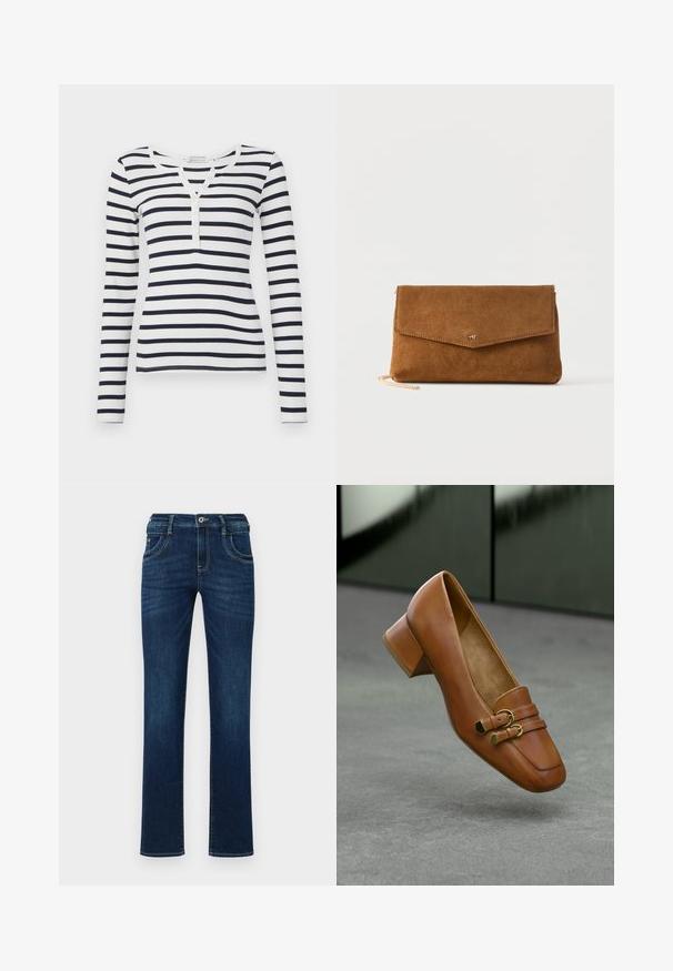 Lang-geverfde, gestreepte T-shirt in wit en marineblauw. Geribbeld textuur met een ronde halslijn en een knoopsluiting met vier knopen aan de voorkant.; Donkerblauwe denim jeans met een rechte pijp, vijf zakken en een standaard knoopsluiting. Bevat subtiele stikdetails.; Bruine leren hoge hak schoen met een vierkante neus, voorzien van twee decoratieve banden en gouden hardware accenten. Gladde textuur, minimalistisch ontwerp.; Bruine suède envelop clutch met een klein goudkleurig logo op de klep en een dunne gouden kettingriem gedeeltelijk zichtbaar.