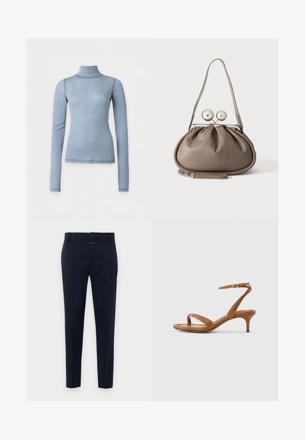 Hellblaues langärmliges Rollkragenoberteil mit figurbetonter Silhouette und sichtbaren Nähten an Schultern und Saum vor schlichter weißer Hintergrund.; Marineblaue Slim-Fit-Hosen für Herren mit Gürtelschlaufen und Reißverschluss, vor einem schlichten weißen Hintergrund präsentiert.; Braune Leder-Riemchensandale mit niedrigem Kitten-Heel und einem Knöchelriemen mit kleiner Schnalle, seitlich auf neutralem Hintergrund dargestellt.; Graue Lederhandtasche mit abgerundeter Form, oberem Verschluss mit zwei großen silbernen Kugeln und einem einzelnen Trageriemen.