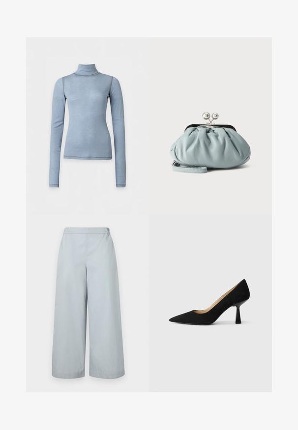 Hellblaues langärmliges Rollkragenoberteil mit figurbetonter Silhouette und sichtbaren Nähten an Schultern und Saum vor schlichter weißer Hintergrund.; MM by MaxMara ANTILLE - Stoffhose - light blue; Schwarze Wildleder-Pumps mit hohem Absatz und spitzer Zehenform, ausgestattet mit einem glänzenden schwarzen Blockabsatz und einem glatten Innenfutter.; Kleine hellblaue Leder-Münztasche mit silbernem Metall-Kissenschloss und kurzem Handgelenksriemen vor einfarbigem Hintergrund.