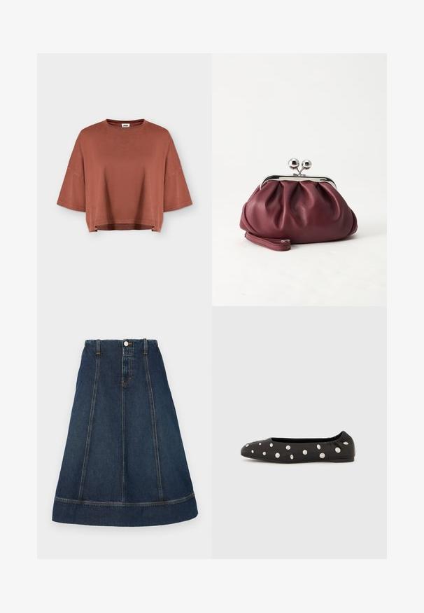 Kort roestkleurig t-shirt met brede korte mouwen en een ronde halslijn, weergegeven op een vlak lichtgrijze achtergrond.; Denim A-lijn rok in donkerblauw, met een knoopsluiting aan de taille, vijf riemlussen en contrasterende stiksels. Kniehoog met een gezoomde rand.; Zwarte ballerina met elastische achterkant en verspreide grote zilveren ronde studs op de bovenzijde, in profiel weergegeven tegen een witte achtergrond.; Kleine bordeauxrode leren clutch-portemonnee met zilverkleurige metalen sluiting en polsbandje op een witte achtergrond.