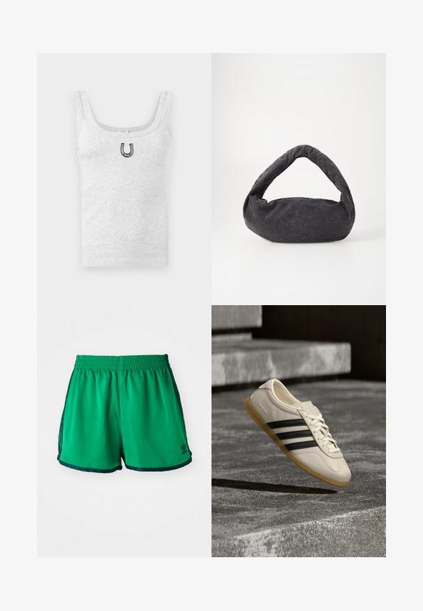 Camiseta sin mangas gris hecha de suave algodón, con un bordado de herradura negra en el centro frontal y un escote redondeado.; Pantalones cortos deportivos verdes con una textura suave, cinturilla elástica y acentos laterales en verde oscuro. Presentan el logo de Adidas en el dobladillo inferior.; Zapatilla blanca con rayas negras y suela de goma suspendida sobre escaleras de hormigón en luz diurna suave.; Bolsa de tela gris oscuro con un asa curva, textura suave y forma redondeada. Sin hardware ni adornos visibles.