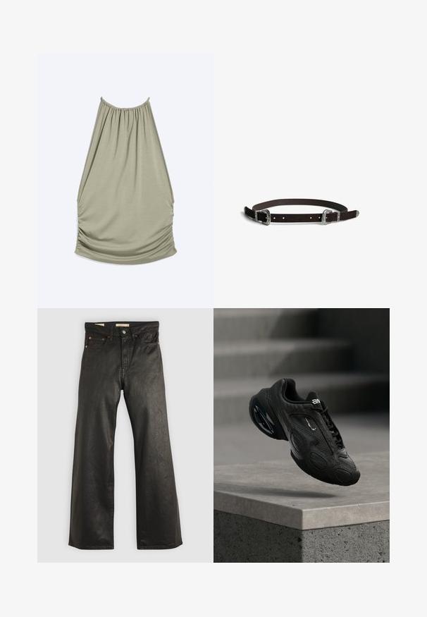 Helehelist värvi varrukateta kleit elastse kaelusega ja voltidega külgedel, valmistatud pehmest, kergest kangast.; Mustad denim laiade jalatsid, millel on sile tekstuur, viie taskuga ja pronksist detailid. Klassikaline nööp-kinnitus.; Mustad sportlik jalanõu tekstureeritud nahkpealsega, silmatorkava logoga ja polsterdatud tallaga. Omab abstraktseid mustreid ja sujuvaid, ümarate detailidega aktsente.; Tumepruun nahast kahe pandlaga vöö graveeritud hõbedase metallpandla ja otsikutega, laotatud valgele taustale.