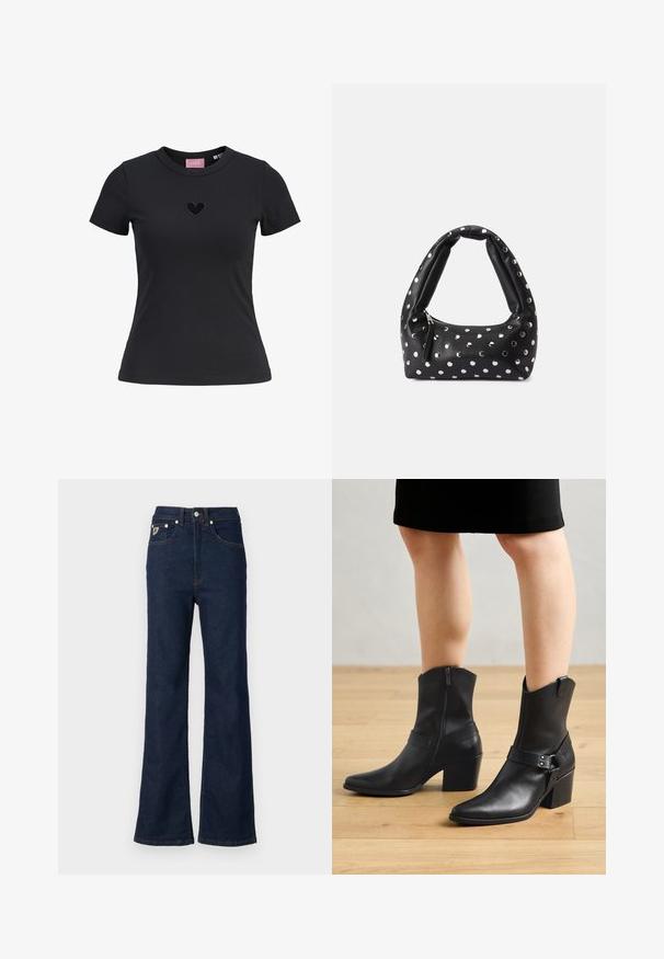 Camiseta negra de manga corta hecha de un tejido suave, con un pequeño detalle de corazón bordado en el pecho y un cuello redondo.; Jeans acampanados de un azul oscuro hechos de denim, con una cintura alta, cinco bolsillos y costuras naranjas en contraste. Incluye cierre de botón metálico.; Botines de cuero negro con punta afilada, cierre de cremallera, tacón curvado y una correa decorativa con detalles metálicos.; Bolso de cuero negro con un asa curva, adornado con puntos plateados y un cierre de cremallera en un lado.