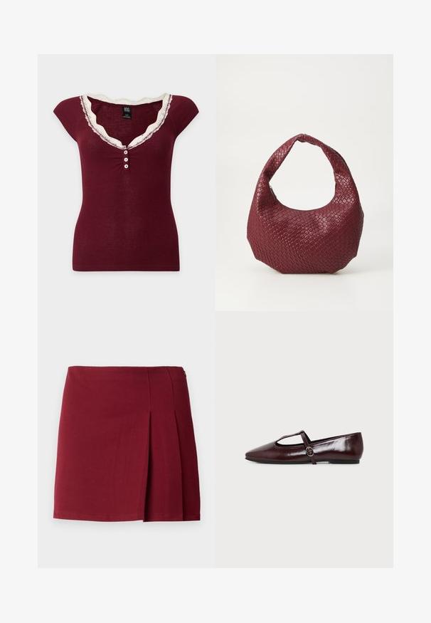 Kortærmet ribbet burgunder top med hvid blonder trim rundt om V-hals og tre hvide knapper foran i midten.; Bordeaux plisseret miniskørt med en glat overflade, tætsiddende talje og lynlås i siden. Simple, minimalistisk design uden mønstre.; Mørk burgunderfarvet flad lædersko med spids tå og en tynd T-rem med en sølvspænde på en hvid baggrund.; Vævet bordeaux håndtaske med en rund silhuet, et enkelt håndtag og en tekstureret overflade. Lynlåslukning øverst.