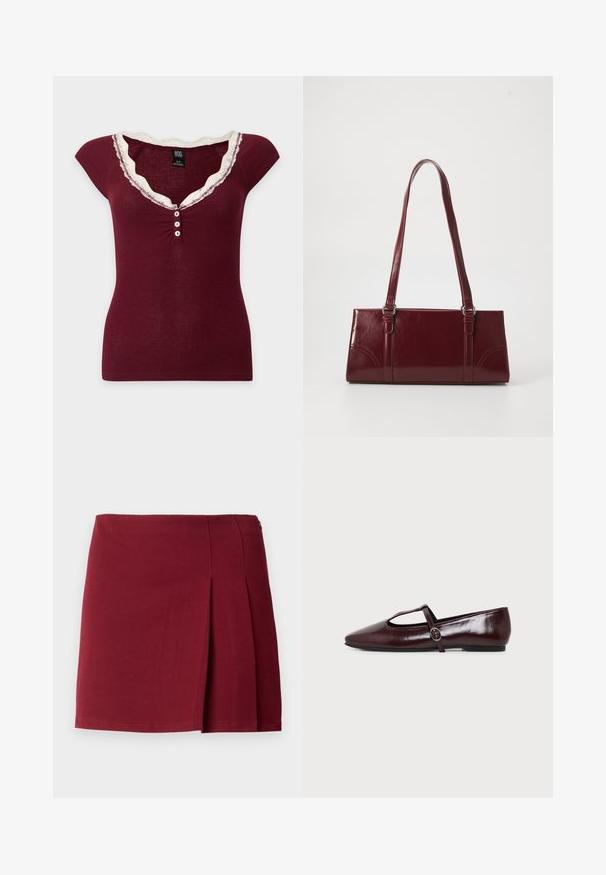 Kortærmet ribbet burgunder top med hvid blonder trim rundt om V-hals og tre hvide knapper foran i midten.; Bordeaux plisseret miniskørt med en glat overflade, tætsiddende talje og lynlås i siden. Simple, minimalistisk design uden mønstre.; Mørk burgunderfarvet flad lædersko med spids tå og en tynd T-rem med en sølvspænde på en hvid baggrund.; Bordeaux håndtaske lavet af glansfuldt materiale, rektangulær form, med to skulderremme og subtile buede detaljer på forsiden.