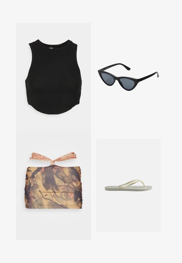 Μαύρο ριγέ crop top με ψηλό λαιμό και σχεδόν χωρίς μανίκια. Μαλακή υφή με εφαρμοστό σχήμα και ελαφρώς καμπυλωτό στρίφωμα.; Jaded London KNOTTED BEACH SKIRT CONTRAST - Μίνι φούστα - multi coloured; Μονό απαλό λευκό λαστιχένιο σαγιονάρι με λεπτούς ιμάντες και υφή στην πέλμα, εμφανιζόμενο από το πλάι σε απλό φόντο.; Μαύρα γυαλιά ηλίου cat-eye με σκούρους γκρίζους φακούς, κομψό πλαστικό σκελετό, μυτερές γωνίες και ίσιους βραχίονες. Χωρίς ορατό υλικό ή διακοσμητικά στοιχεία.