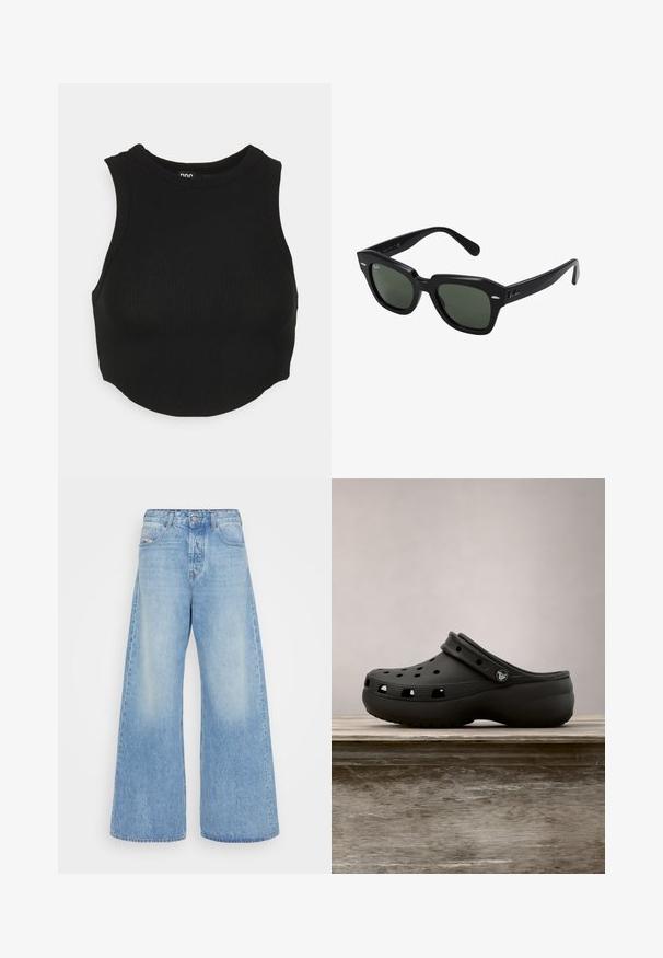 Sort ribbet crop top med høj hals og ærmeløs design. Blød tekstur med tætsiddende pasform og let buet kant.; Lyseblå vidbenede jeans lavet af denim. Har et klassisk fem-lommer design, knaplukning og slidte områder for et vintage look.; Sort gummiklæde med ventilationshuller, hævet hæl, rygrem og tekstureret sål. Glat overflade med et minimalistisk design.; Sorte firkantede solbriller med mørkegrønne linser, der har kraftige stel og sølvdetaljer på siderne. Fremstillet i Italien.
