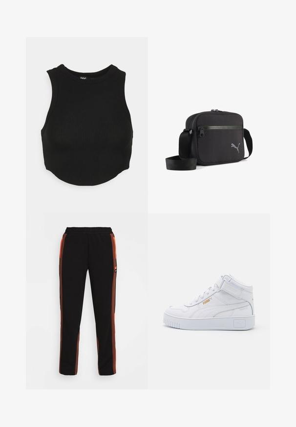 Musta ribattu crop-top, jossa on korkea pääntie ja ilmanhihoja. Pehmeä rakenne, muotoiltu istuvuus ja hieman kaareva helma.; Mustat housut, joissa on oranssit ja ruskeat sivunauhat. Varustettu elastisella vyötäröllä ja kahdella sivutaskulla. Valmistettu pehmeästä, kevyestä kankaasta.; Valkeat korkeavartiset tennarit, joissa on sileä nahka-aloitus, litteät nauhat, pehmustettu nilkkakappa ja teksturoitu kumipohja, jossa on logovetimet.; Musta kangasolkaimi laukku suorakaiteen muotoinen, jossa on vetoketjullinen suljin, teksturoitu pinta ja yhdellä sivulla harmaa brodeerattu logo.