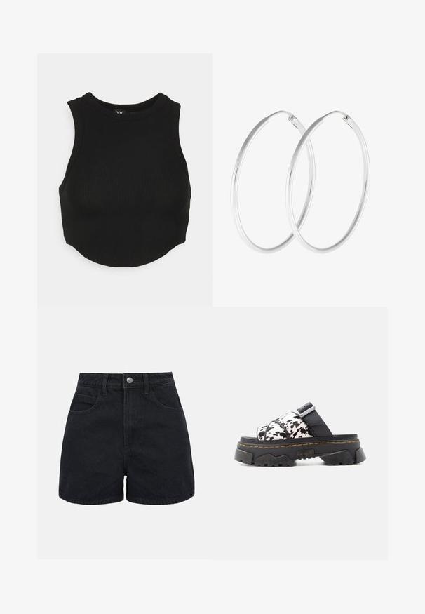 Sort ribbet crop top med høj hals og ærmeløs design. Blød tekstur med tætsiddende pasform og let buet kant.; Sorte denimshorts med høj talje, frontknap, bæltestropper og to forlommer på en ensfarvet hvid baggrund.; Sort platform-sandalsandal med tykk, tekstureret sål, gule sting, sorte stropper og hvide ko-print detaljer.; Sølvfarvede hoop øreringe med en glat, rund form og en poleret overflade. Begge øreringe er i samme størrelse og har en sikker lukke mekanisme.