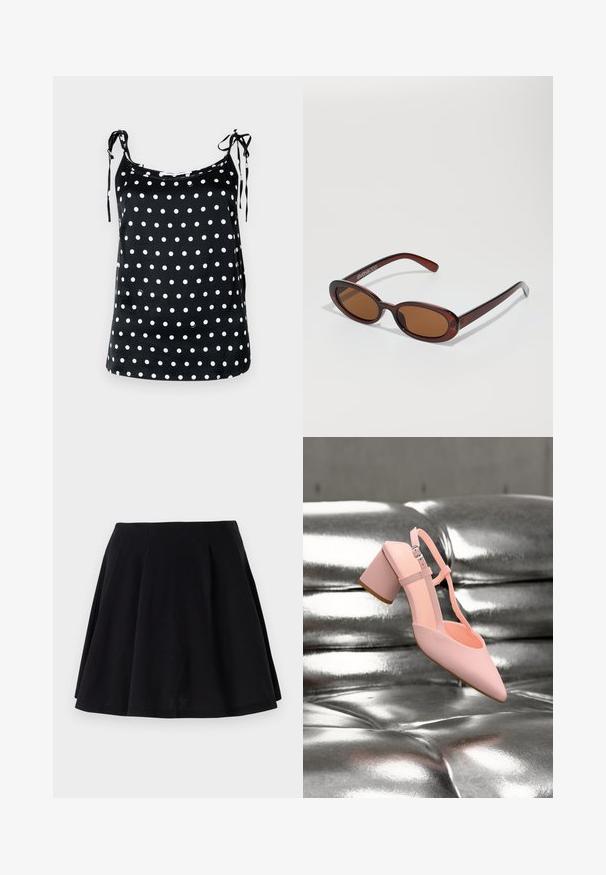 Top sin mangas negro con lunares blancos, con tirantes ajustables con lazo y textura suave. Diseño casual, dobladillo recto.; Falda de algodón negra con una silueta acampanada, que presenta pliegues en la zona de la cintura y una textura suave. Ideal para un look casual.; Zapato rosa de tacón bloque con correa en el tobillo flotando sobre una superficie de cuero plateado brillante con botones capitoné.; Gafas de sol redondas con tinte marrón y un marco burdeos brillante. Patillas delgadas con un sutil detalle de marca. Diseño de lentes planos.