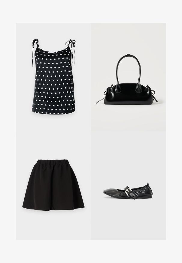 Top sin mangas negro con lunares blancos, con tirantes ajustables con lazo y textura suave. Diseño casual, dobladillo recto.; Falda negra con cintura elástica, forma en línea A y dobladillo a la altura de la rodilla, diseño liso, mostrada extendida sobre un fondo blanco.; Zapato plano de piel negra con puntera afilada, detalle fruncido alrededor de la abertura y un acento de hebilla plateada en la correa ajustable.; Pequeño bolso negro brillante con dos asas largas y detalles de cordón lateral sobre un fondo claro liso.