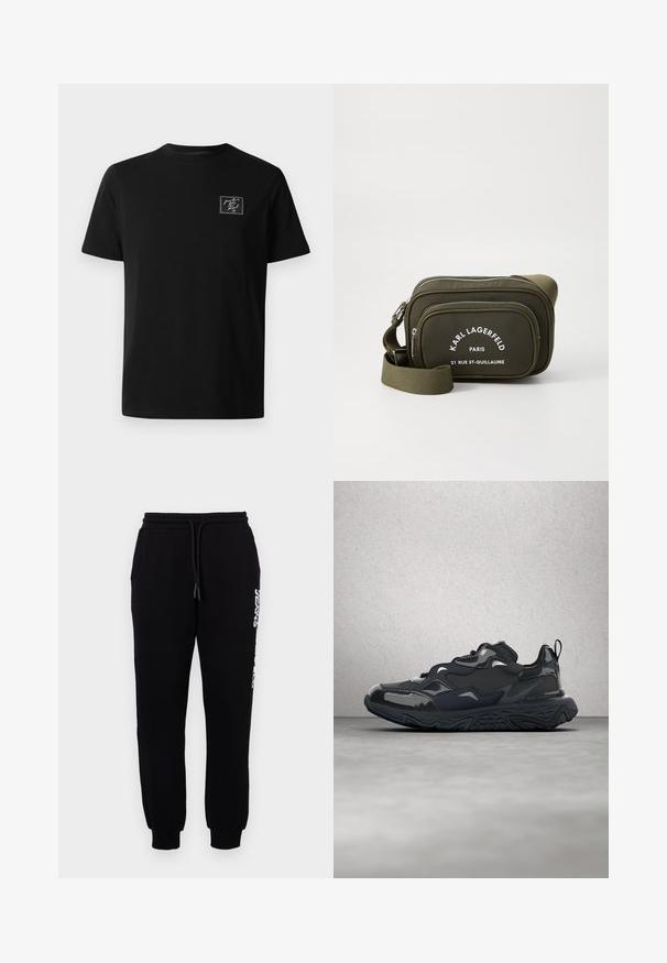 Sort kortærmet t-shirt med rund hals og et lille hvidt broderet mærke på venstre bryst med teksten "fra Paris med kærlighed, Karl xx."; Sorte sweatpants lavet af blødt stof, med en elastisk talje og snøre, tapered ben og et logo langs siden.; Sort løbesko med tekstureret overdel, glatte detaljer og en chunky sål med bølgemønster, designet for komfort og holdbarhed.; Oliven grøn crossbody taske lavet af tekstureret materiale, med to lynlåskompartments og hvid trykt branding på forsiden. Justerbar rem.