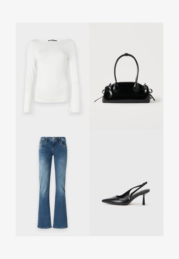 Witte langemouwen top gemaakt van gladde stof met een aangesloten silhouet, voorzien van een brede bootnek en subtiele plooien bij de taille.; Flared denim jeans in medium blue met contrasterende stiksels, vijf zakken en een klassieke knop- en ritssluiting.; Zwarte leren slingback hoge hak schoenen met puntige neus en slanke hak op een witte achtergrond.; Kleine zwarte glanzende handtas met twee lange hengsels en zijkant trekkoord details op een effen lichte achtergrond.