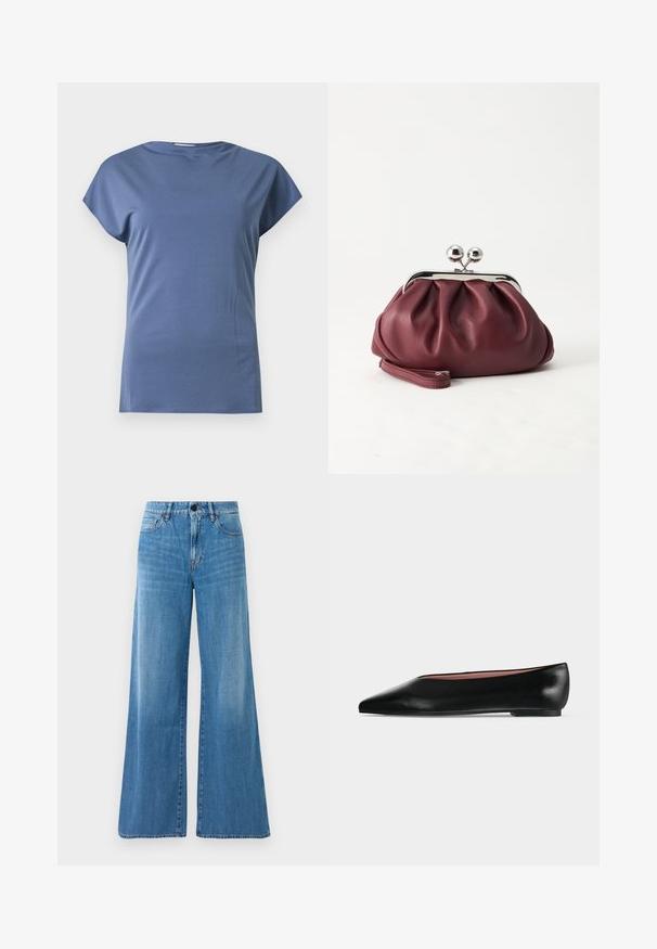 Blaues T-Shirt mit kurzen Ärmeln und Rundhalsausschnitt, locker geschnitten, auf einfachem hellem Hintergrund dargestellt.; Blaue High-Waist-Jeans aus Denim mit weitem Bein, Frontknopf, Reißverschluss und Vorder- sowie Gesäßtaschen.; Schwarzer flacher Damenleder-Schuh mit spitzer Kappe und niedrigem Absatz, von der Seite auf einfarbigem hellgrauem Hintergrund gezeigt.; Kleine burgunderrote Lederclutch mit silbernem Metallverschluss und Handgelenksriemen auf weißem Hintergrund.
