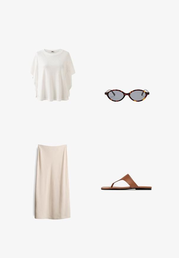 Wit, loszittend T-shirt met korte mouwen, brede zijopeningen en ronde hals, gemaakt van lichtgewicht stof met een subtiel textuurpatroon.; Beige, knielange rok met een gladde textuur en een rechte snit. Geen zichtbare naden of sluitingen, met een schoon, minimalistisch ontwerp.; Bruine leren flip-flopsandalen met een brede band over de voet, een smalle tussenstuk voor de tenen en een platte zool met een subtiele zwarte acccent.; Ovale zonnebril met tortoise (schildpad) patroon en donkere glazen, van voren bekeken tegen een effen witte achtergrond.