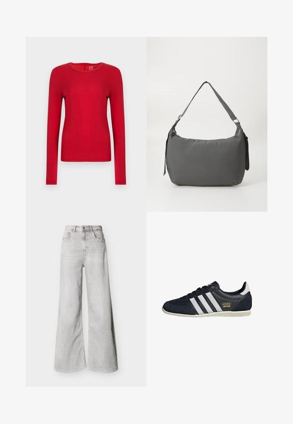 Rotes langärmliges Hemd aus weicher Baumwolle, mit rundem Ausschnitt und figurbetontem Schnitt. Glatte Textur ohne Muster oder Verzierungen.; Hellgraue Jeans mit weitem Bein aus Denim, mit hoher Taille, vorderen Taschen und Knopfverschluss. Glatte Textur mit einem dezenten ausgewaschenen Look.; Schwarze Leder-Sneaker mit drei weißen Streifen, strukturierter Oberfläche, goldenem "adidas JAPAN"-Logo und einer gummierten Sohle mit Grip-Muster.; Grau gepolsterte Schultertasche mit einer geschwungenen Form, glatter Textur, verstellbarem Träger und einem dezent prägierten Logo auf der Vorderseite.