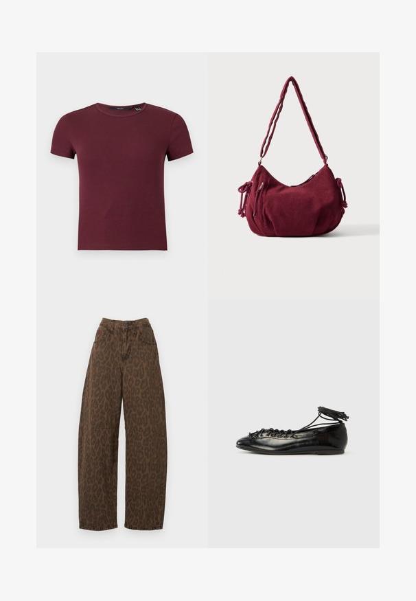 Kortærmet ribstrikket crop top med rund hals i bordeaux med en tætsiddende silhuet.; Brune leopardmønstret vidde ben jeans med høj talje, knaplukning og to forlommer. Fremstillet af denimstof med en glat overflade.; Sorte balletflade sko i laklæder med rundet tå, snørelukning og flad sål. Glat tekstur med få detaljer.; Blød bordeaux kordfløjls skuldertaske med justerbar rem, lynlås lukning, sidelommer med bindebånd og en front lynlåslomme.