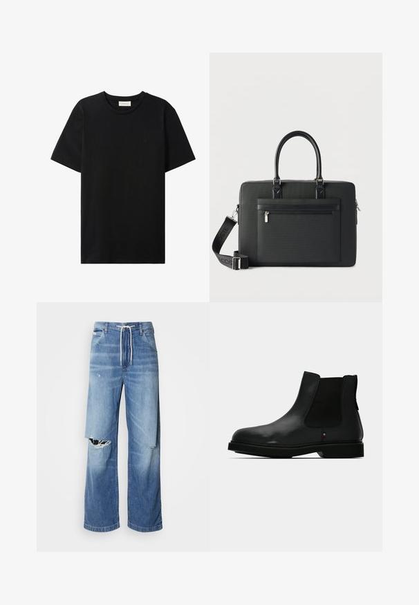 Čierne tričko s krátkym rukávom a okrúhlym výstrihom s jemným logom Calvin Klein Jeans na hrudi a štítkom vo vnútri výstrihu.; Svetlomodré džíny s voľným strihom, so bielym šnúrkovým pásom a výraznými roztrhnutiami na prednej strane, ktoré odhaľujú rozstrapkané okraje.; Čierna kožená Chelsea čižma s elastickými bočnými panelmi, okrúhlou špičkou a textúrovaným zvrškom. Vyznačuje sa plochou gumovou podrážkou a nenápadným značkovým detailom.; Čierna obdĺžniková aktovka s hornými rukoväťami, predným vreckom na zips a odnímateľným ramenným popruhom s brandingom Lacoste.