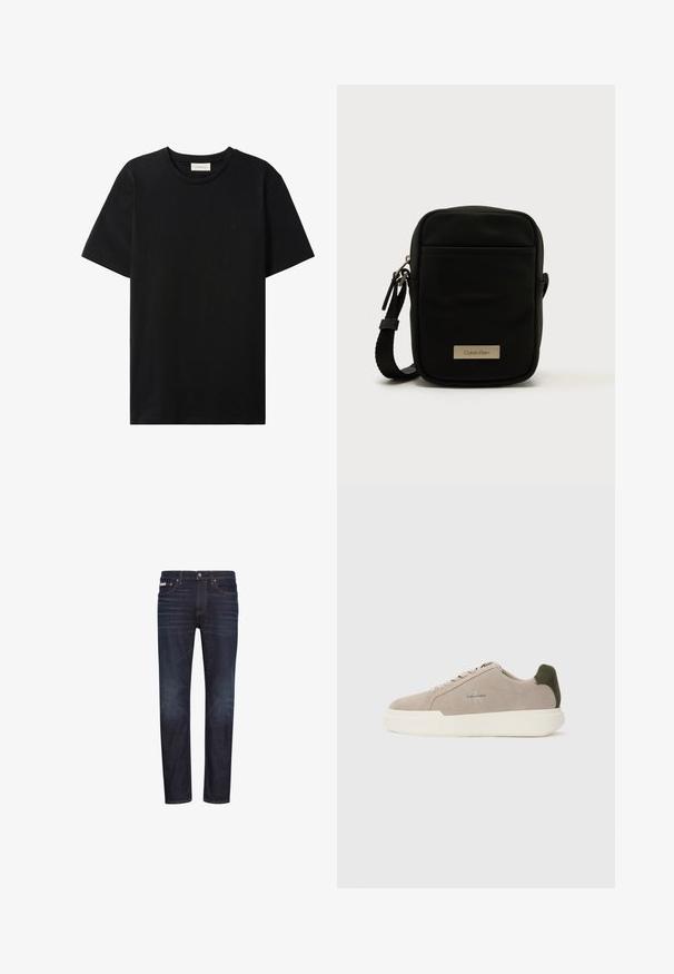Must lühikese varrukaga ümara kaelusega T-särk, mille rinnal on peen Calvin Klein Jeans logoga ja sildiga kaeluse sees.; Tumesinised teksapüksid sirgete säärtega, viie taskuga, tõmblukuga ja oranži õmblusega. Sile tekstuur, klassikaline disain.; Beez suède tossudega valge kummist tallaga, tumeroheline kanna aktsent ja peened brändingud küljel.; Must tekstureeritud nailonist rihmkott ristmiku kujuga, esiküljel lukuga tasku ja metallist logoplaadiga. Kaasas reguleeritav rihm.