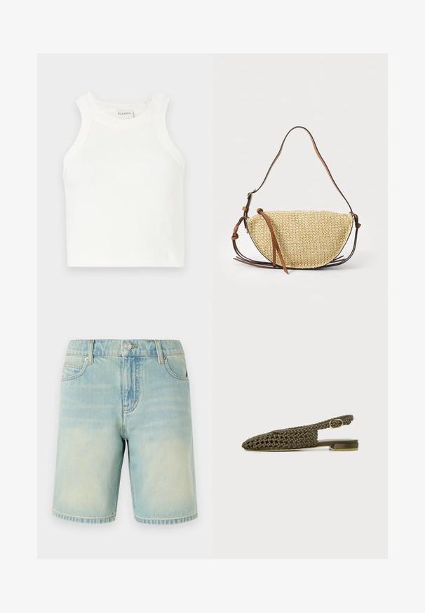 Débardeur blanc à côtes avec des bretelles larges et une silhouette ajustée. Présente un petit logo en relief près de l'ourlet.; Shorts en denim bleu clair avec une finition délavée, dotés d'un design à cinq poches, de coutures visibles et d'une fermeture à bouton métallique à la taille.; Chaussure slingback plate tissée vert olive avec un petit talon carré et une bride à boucle dorée réglable.; Sac à main en paille tissée en forme de demi-lune, avec une bandoulière en cuir marron et des accents. Couleur naturelle texturée avec des bords lisses.