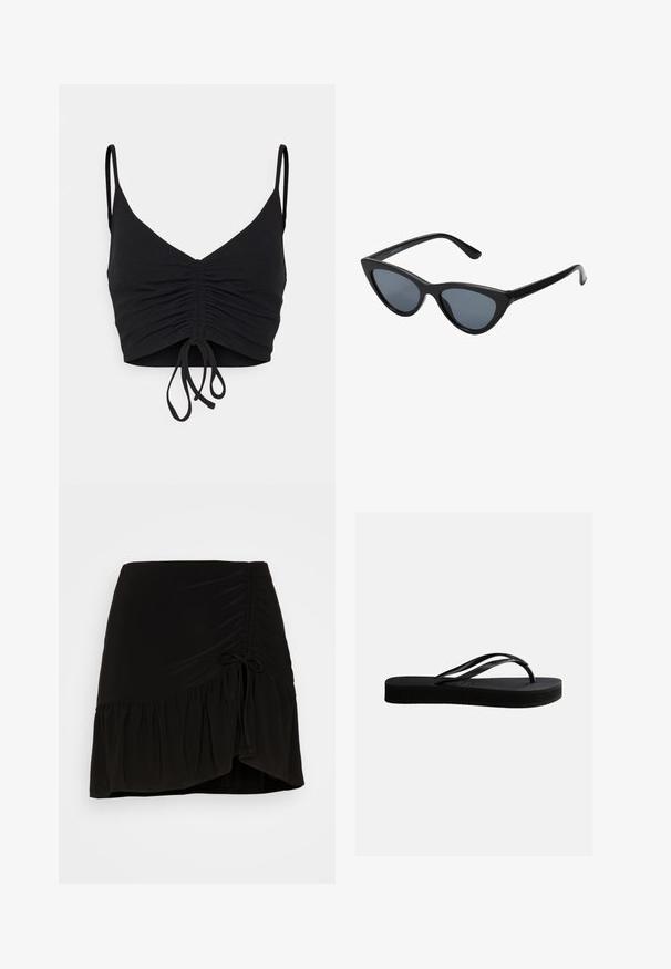 Even&Odd by Zalando Top - black; Even&Odd by Zalando Minirok - black; Zwarte rubberen teenslipper met gestructureerd zool en Y-vormige band, zijaanzicht op een effen lichte achtergrond.; Zwarte cat-eye zonnebril met donkergrijze lenzen, slank plastic frame, puntige hoeken en rechte pootjes. Geen zichtbare hardware of accenten.