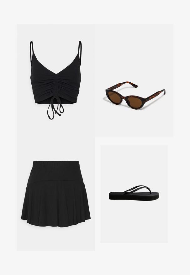 Even&Odd Top - black; Schwarzer, ausgestellter Minirock aus weichem, dehnbarem Material mit einem elastischen Taillenbund für Komfort und einem glatten Saum. Keine zusätzlichen Muster oder Akzente.; Schwarze Gummiflips mit strukturierter Sohle und Y-förmigem Riemen, seitliche Ansicht vor schlichtem hellem Hintergrund.; Braune Schildpatt-Sonnenbrille mit einer Vintage-Cat-Eye-Form und braunen Gläsern. Verfügt über gebogene Bügel mit roten Akzenten.