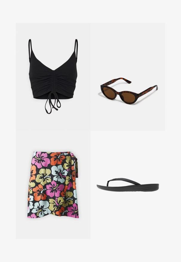 Even&Odd Top - black; Wikkelrok met een zwarte achtergrond en grote hibiscusbloemen in oranje, roze, lichtblauw en groen. Gemaakt van lichtgewicht stof.; Zwarte flip-flop met een gestructureerde band, een gevoerde zool en een strak, minimalistisch ontwerp. Geschikt voor casual gebruik.; Bruine schildpad zonnebril met een vintage cat-eye vorm en bruine lenzen. Heeft gebogen armen met rode accenten.