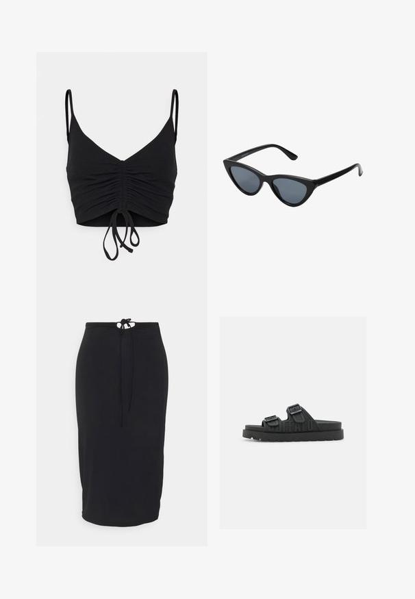 Even&Odd Top - black; Even&Odd Tall sukňa v tvare A - black; Čierne šľapky so dvoma nastaviteľnými prackami, so štruktúrovaným pásikom a robustnou podrážkou. Na boku je embosovaný nápis "BUFFALO".; Čierne slnečné okuliare v štýle mačacích očí s tmavošedými sklami, elegantným plastovým rámom, špicatými rohmi a rovnými stranami. Bez viditeľného hardvéru alebo akcentov.