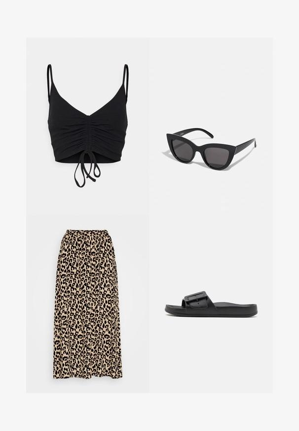 Even&Odd Top - black; Leopartrykt midi-nederdel i beige og sort. Har en elastisk talje og en plisseret design for øget bevægelse og pasform.; Sort sklidesandal med bred rem, justerbart spænde, flad sål og glat mat tekstur. Enkel design uden ekstra mønstre.; Sorte cat-eye solbriller med mat finish, der har grå tonede linser, skarpe vinkler og slanke sidearme. Mærkenavnet er synligt på den indre arm.