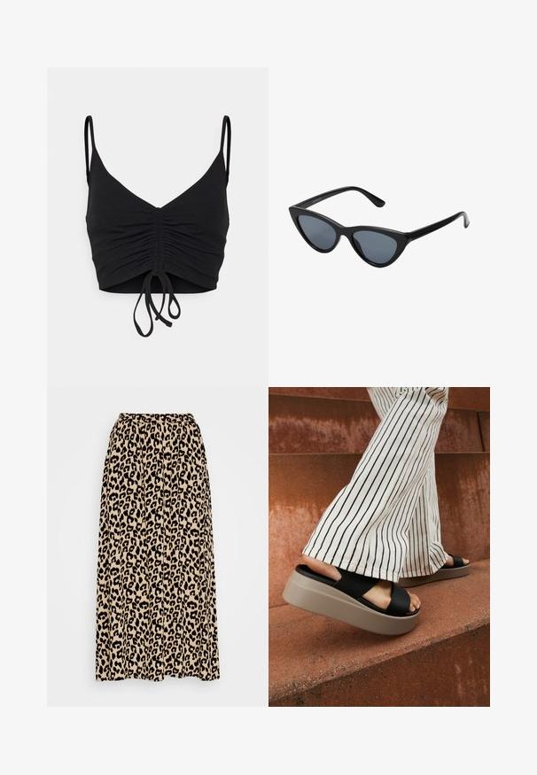Even&Odd by Zalando Top - black; Leopartrykt midi-nederdel i beige og sort. Har en elastisk talje og en plisseret design for øget bevægelse og pasform.; Sorte slidesandaler med en bred krydssnor, der har en tyk beige platformssål, parret med cremede stribede flared bukser på en rødlig overflade.; Sorte katteøje solbriller med mørkegrå linser, slankt plastisk stel, spidse hjørner og lige stænger. Ingen synlig hardware eller dekorationer.