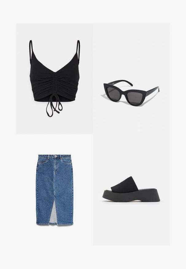 Even&Odd by Zalando Μπλούζα - black; Μπλε τζιν μίντι φούστα με εμπρόσθια ραφή, θηλιές ζώνης, κουμπί στο μπροστινό μέρος, κλείσιμο με φερμουάρ και δύο μπροστινές τσέπες, απλωμένη σε λευκό φόντο.; Call it Spring VENISE B.E.D FOAM - Μιουλ με τακούνι - black; Μαύρα γυαλιά ηλίου με σχήμα γατίσιας ματιού και ματ φινίρισμα, με γκρι φακούς και αιχμηρές γωνίες, καθώς και κομψά μπράτσα. Το όνομα της μάρκας είναι ορατό στο εσωτερικό του μπράτσου.
