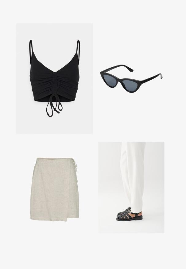 Even&Odd by Zalando Top - black; Lys beige linned omslagsnederdel med en tekstureret overflade, der har en bindelukning i siden og en lige kant.; Person iført hvide bukser og sorte læder-sandaler med åben tå og spænde, stående på en hvid baggrund.; Sorte katteøje solbriller med mørkegrå linser, slankt plastisk stel, spidse hjørner og lige stænger. Ingen synlig hardware eller dekorationer.