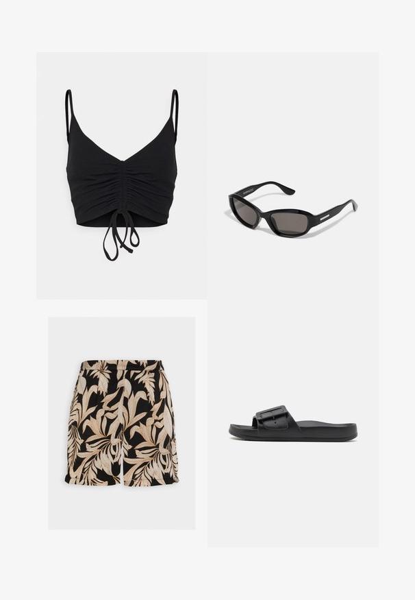 Even&Odd by Zalando Débardeur - black; ONLY ONLCHELSEA - Short - black; Sandale noire à semelle plate avec une large sangle, boucle ajustable et texture mate lisse. Design simple sans motifs supplémentaires.; Lunettes de soleil noires avec une monture rectangulaire, des verres sombres, un matériau plastique lisse et un accent métallique sur la branche.
