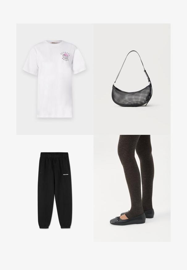 Hvid t-shirt med korte ærmer med lille pink og sort grafik af en stykke gelato-kage og teksten "Ellesse Gelato" på venstre bryst.; Sorte joggebukser med elastisk talje og manchetter, sidelommer og hvid "PEGADOR" logo på det øverste højre ben.; Ben iført mørke ribbede leggings kombineret med sorte balletsko med små sløjfedetaljer på hvid baggrund.; Lille sort mesh skuldertaske i halvmåneform med justerbar tynd rem, sat mod en ensfarvet lys baggrund.